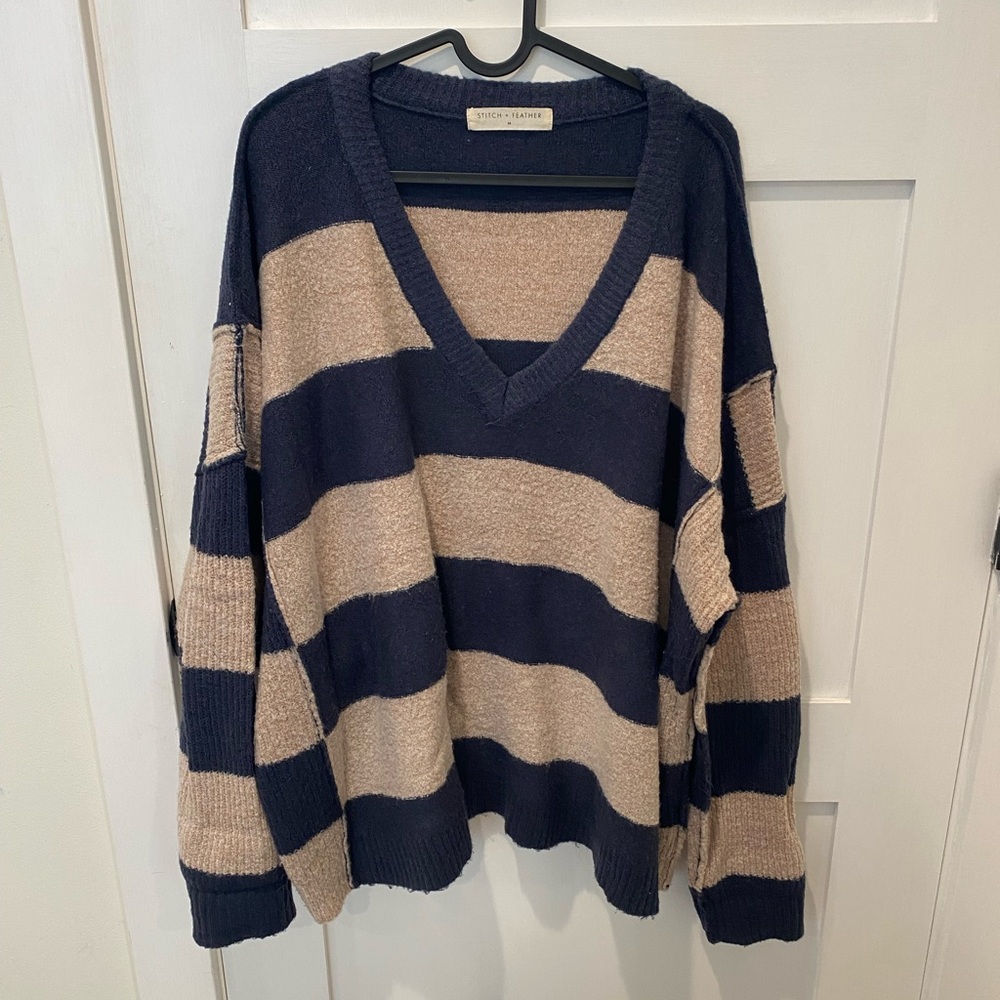 Navy and Tan V-Neck Sweater